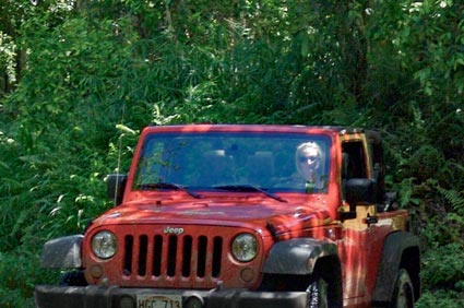 A 2 door Jeep Wrangler deep in the jungles of Hawaii